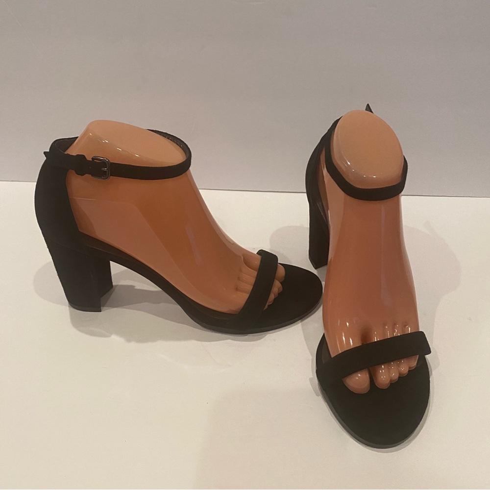 Stuart Weitzman Blk Suede Ankle Strap Chunky Heel Dress Sandals Heels Sz 8M EUC